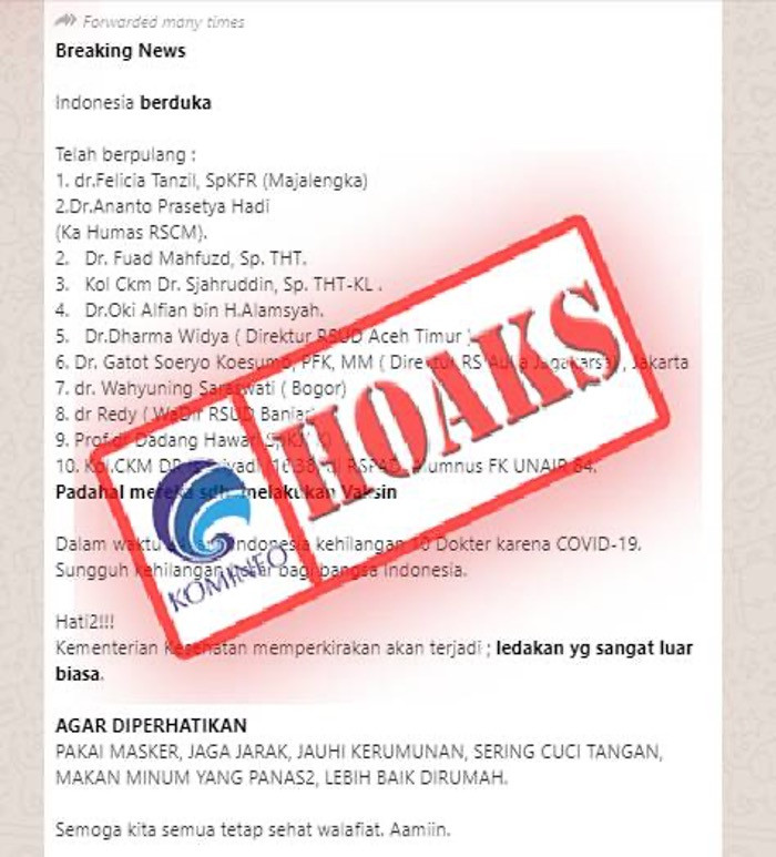 [HOAKS] Informasi 10 Dokter Wafat karena Covid-19 dalam Waktu 24 Jam setelah Disuntik Vaksin