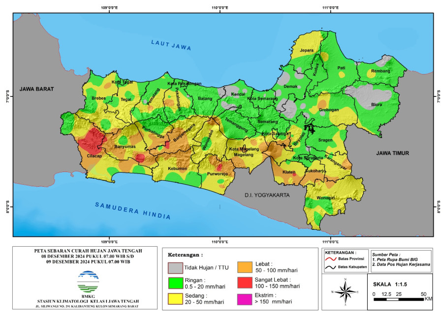 Prospek Cuaca Ekstrem Tiga Harian di Wilayah Jawa Tengah, 9-11 Desember 2024