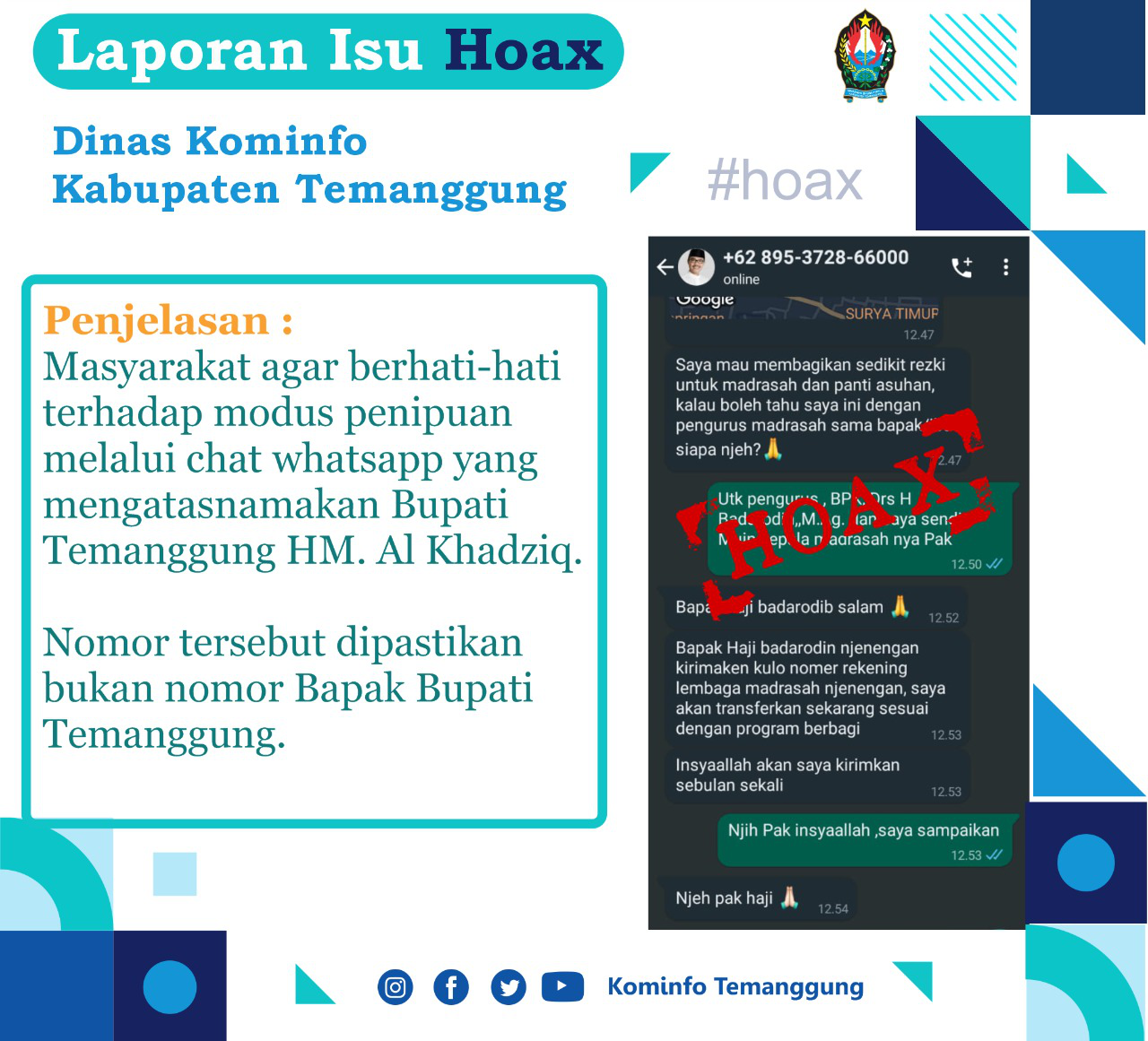 [HOAX] WhatsApp atas nama Bupati Temanggungg Menawarkan Bantuan kepada Yayasan Pendidikan dan Lembag