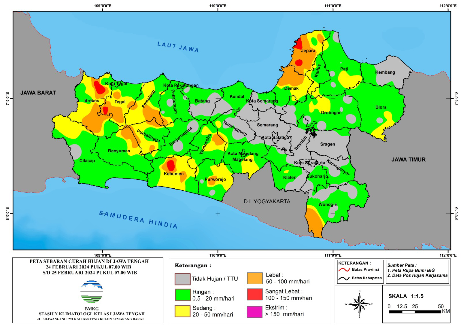 Prospek Cuaca Ekstrem di Wilayah Jawa Tengah 25-27 Februari 2024