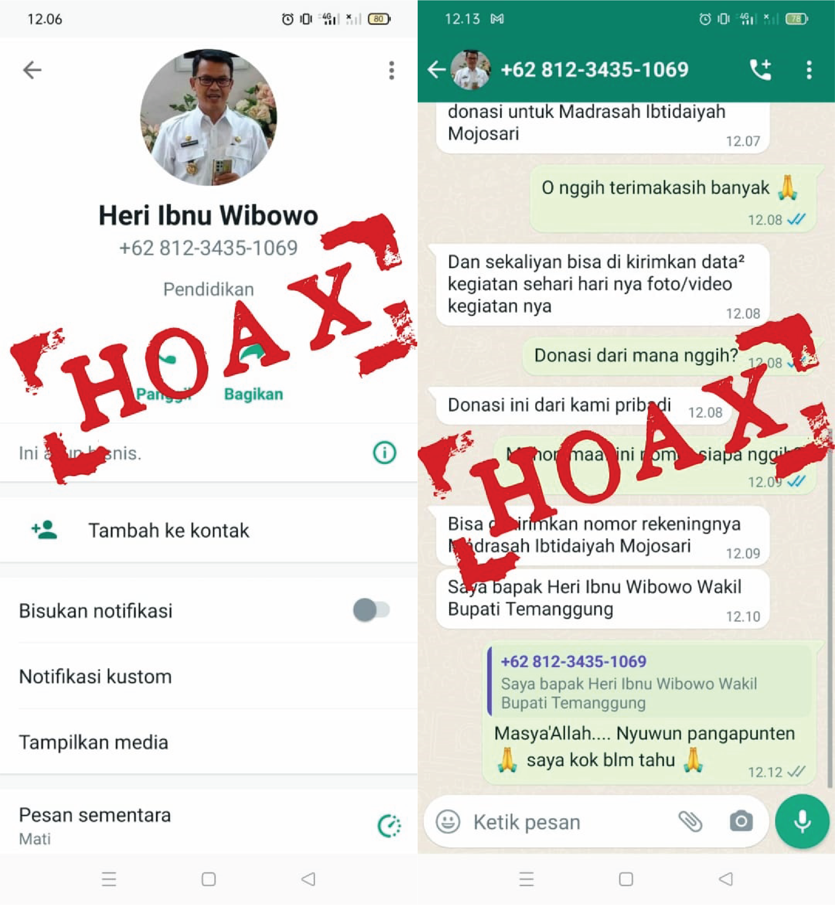 [HOAX] Mengaku sebagai Wakil Bupati Temanggung yang menyampaikan akan memberi donasi