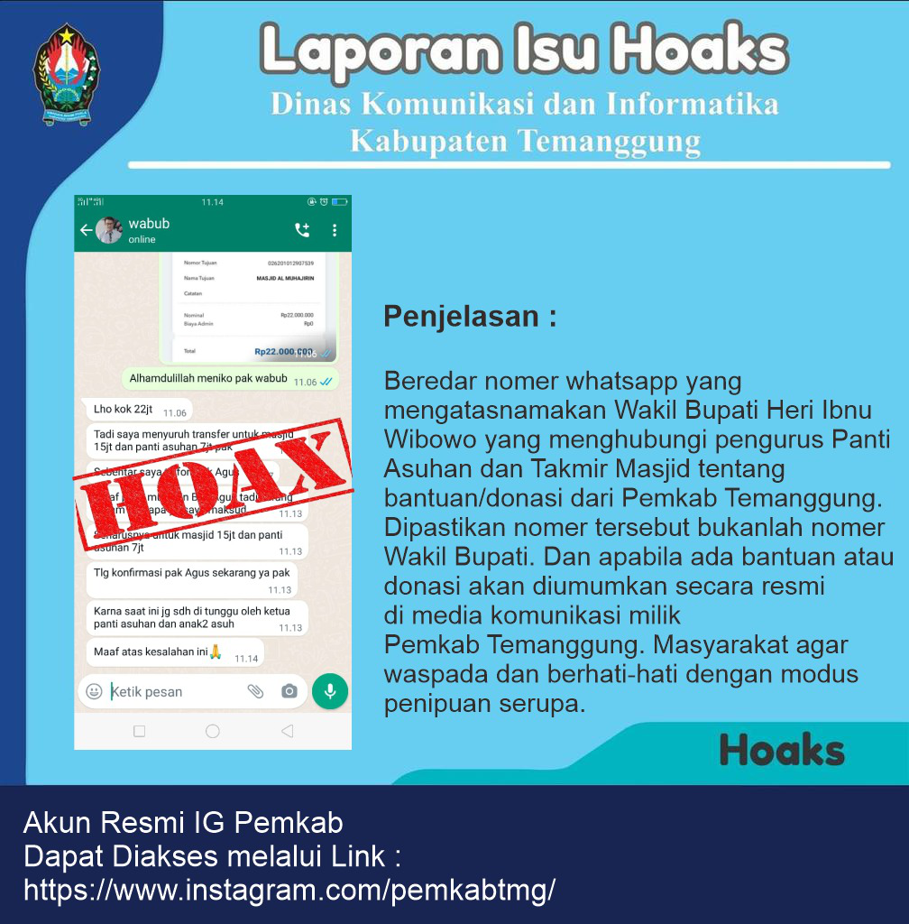 [HOAKS] Wabup Temanggung Menghubungi Takmir Masjid dan Panti Asuhan