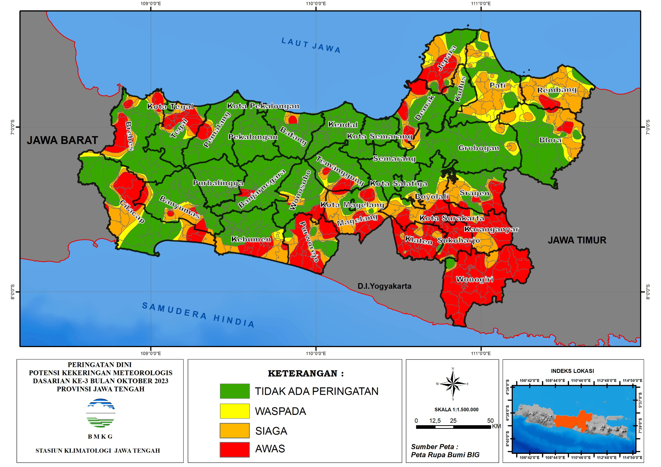 Peringatan Dini Kekeringan Meteorologis Dasarian ke-III Oktober 2023 Jawa Tengah