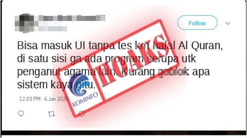 [HOAKS] Info Jalur Masuk UI Tanpa Tes Bagi Hafiz Quran