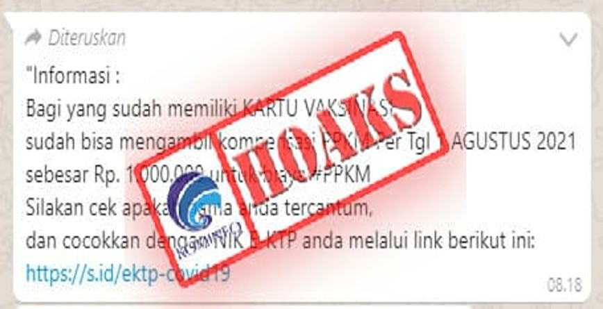 [HOAKS] Bantuan Kompensasi Rp 1 Juta Bagi Pemegang Kartu Vaksinasi