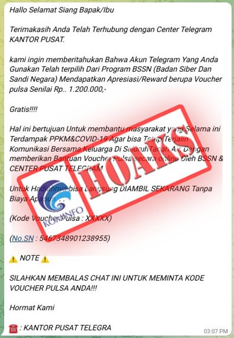 [HOAKS] Bantuan Voucer Pulsa untuk Masyarakat Terdampak Covid-19 Mengatasnamakan BSSN