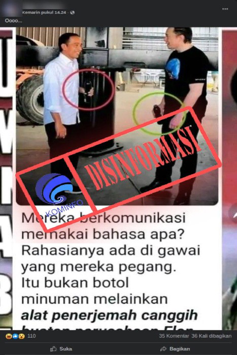 [DISINFORMASI] Botol Minuman yang Dipegang Elon Musk dan Jokowi Alat Penerjemah Canggih