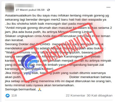 [DISINFORMASI] Informasi Cara Cek Minyak Goreng Bekas