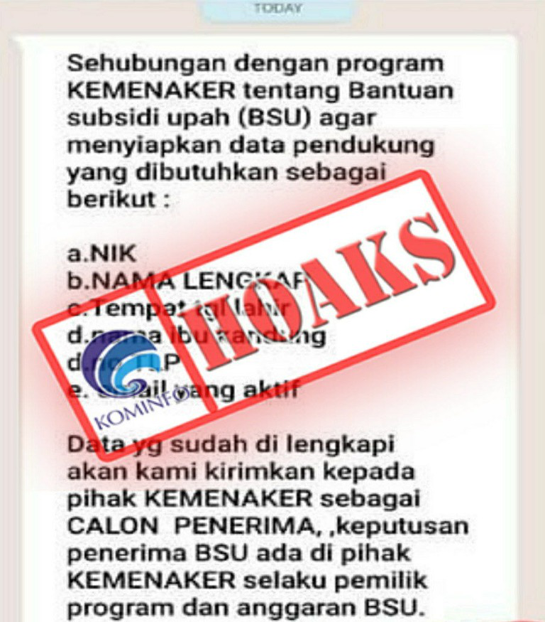 [HOAKS] Informasi Pengisian Data Penerima BSU Mengatasnamakan Kemnaker