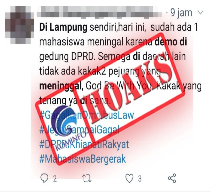 [HOAKS] Mahasiswa Meninggal Dunia pada Aksi Massa Menolak UU Cipta Kerja di Lampung