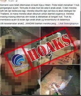 [HOAKS] Truk Pengangkut Ayam Membawa Kotak Berisi 6 Anak-Anak yang akan Dijual Organnya