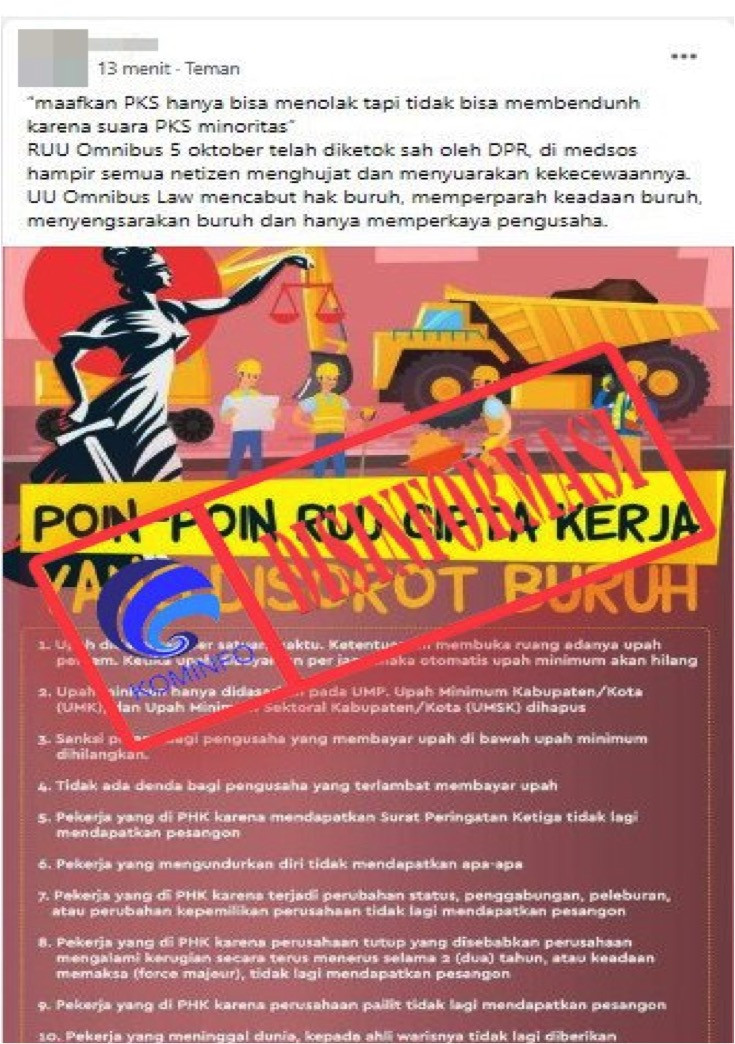 [DISINFORMASI] Infografis Poin-poin RUU Cipta Kerja yang Disorot Buruh