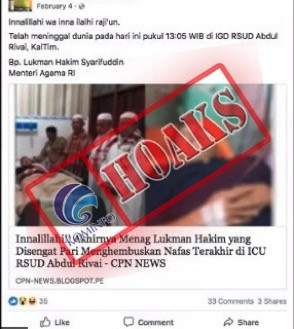 [HOAKS] Menag Lukman Hakim Saifuddin Meninggal Setelah Disengat Ikan Pari