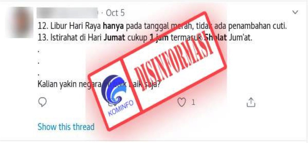 [DISINFORMASI] UU Cipta Kerja Menghapus Libur Hari Raya Pekerja Menjadi Hanya di Tanggal Merah dan I