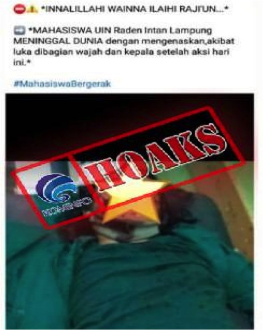 [HOAKS] Foto Mahasiswa UIN Raden Inten Meninggal Dunia dengan Luka di Wajah setelah Unjuk Rasa Menol