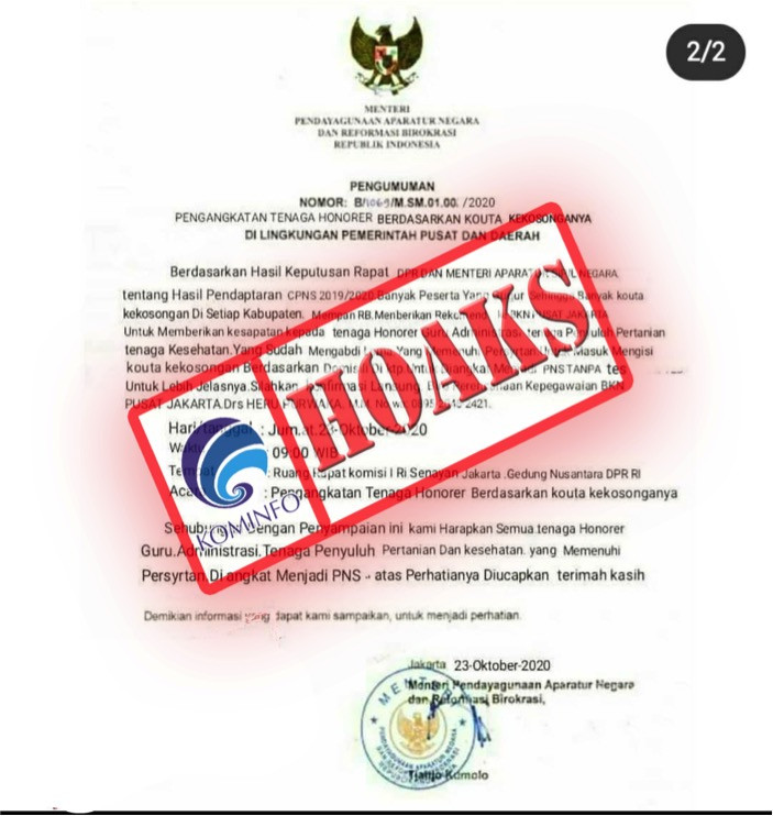 [HOAKS] Surat Pengangkatan Tenaga Honorer Berdasarkan Kuota Kekosongannya di Lingkungan Pemerintah P