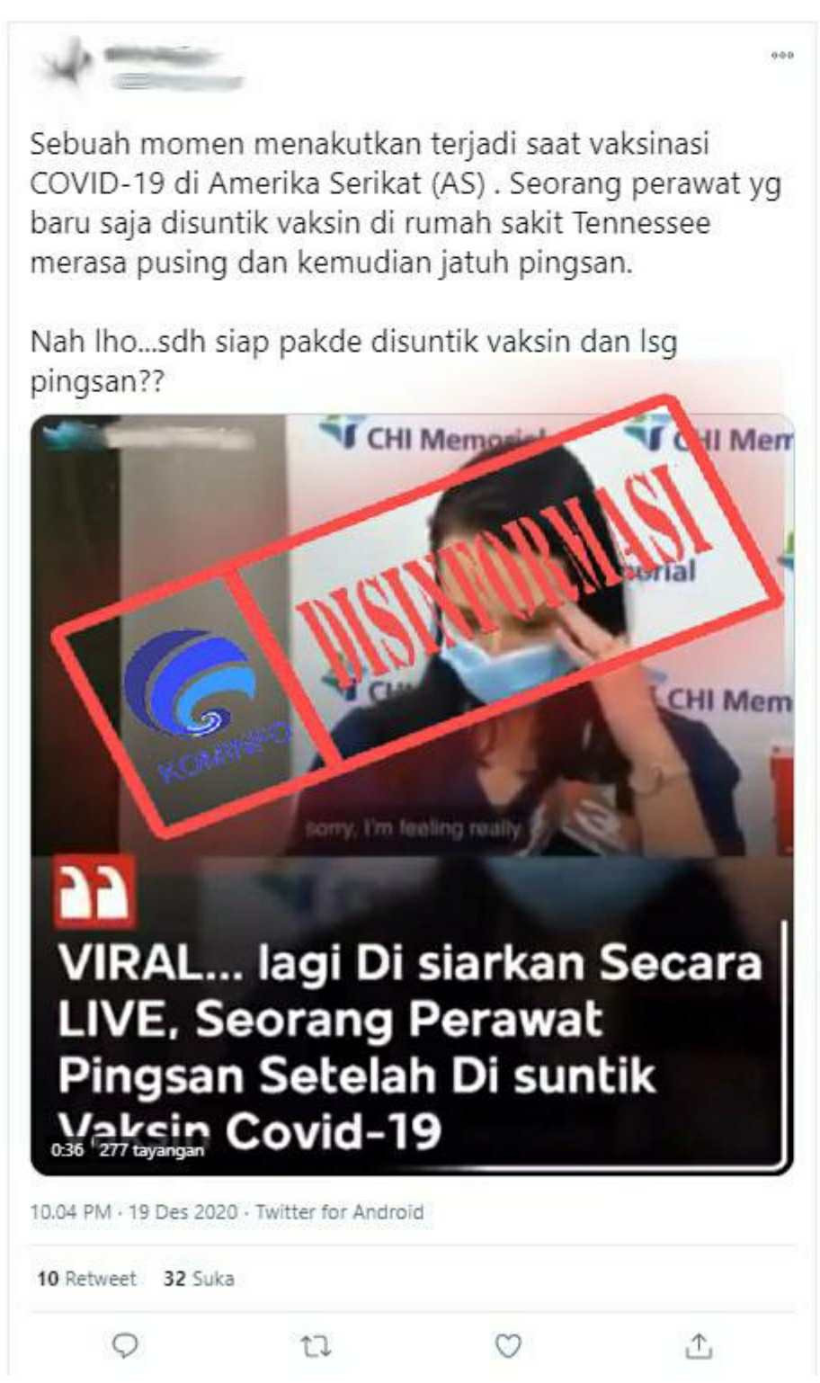 [DISINFORMASI] Seorang Perawat Pingsan Usai Disuntik Vaksin Covid-19